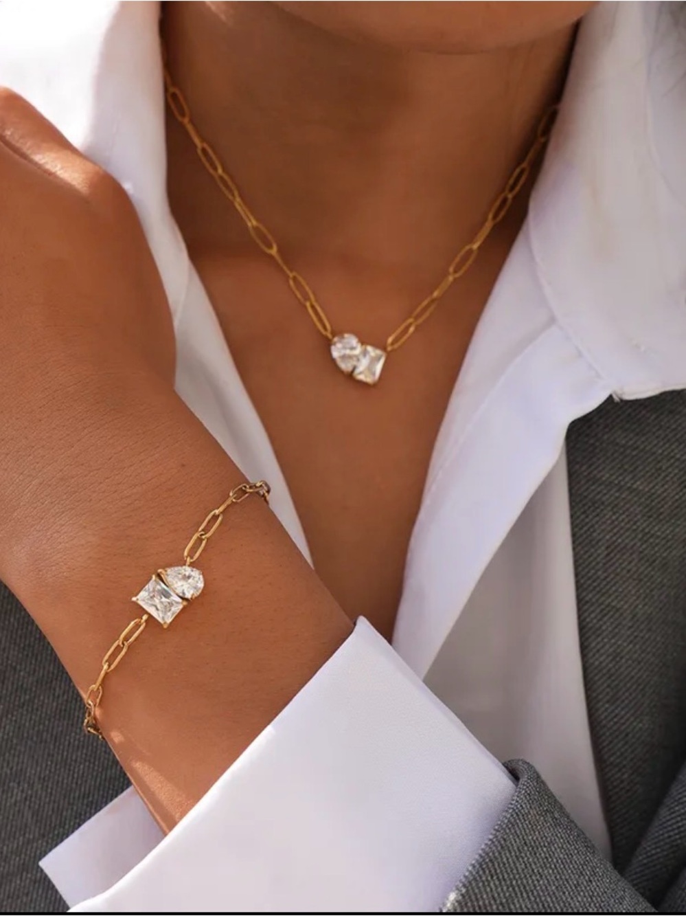 Paperclip Multi-Stone Necklace and Bracelet Set NWT 18KT Gold Plated PVD Coated